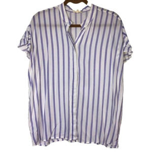 Grand&Greene Button Up Shirt L Striped Purple White Short Sleeve Boho Liteweight